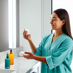 A person with healthy, glowing skin, fully clothed in modest loungewear, gently applying a hydrating lotion to their arm in a brightly lit, clean, and modern bathroom. The scene emphasizes gentle self-care and skin health. Soft, diffused lighting. Perfect anatomy, correct proportions, natural pose, well-formed hands, proper finger count, natural body proportions. Safe for work, appropriate content, fully clothed, professional, high quality, studio photography.