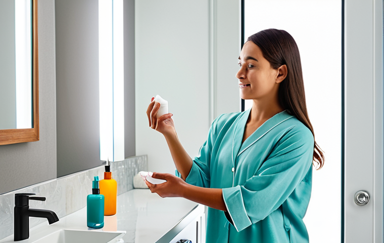 A person with healthy, glowing skin, fully clothed in modest loungewear, gently applying a hydrating lotion to their arm in a brightly lit, clean, and modern bathroom. The scene emphasizes gentle self-care and skin health. Soft, diffused lighting. Perfect anatomy, correct proportions, natural pose, well-formed hands, proper finger count, natural body proportions. Safe for work, appropriate content, fully clothed, professional, high quality, studio photography.