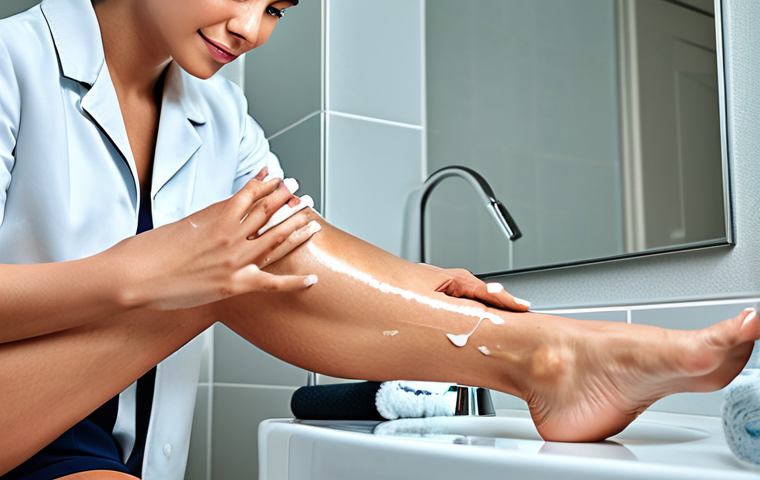 Gentle Skincare Routine**

"A woman with clear, healthy skin, applying a gentle moisturizer to her leg after waxing. Focus on the skincare product and smooth skin. Bathroom setting with soft lighting. Fully clothed, modest attire, appropriate content, safe for work, perfect anatomy, natural proportions, professional skincare advertisement."

**