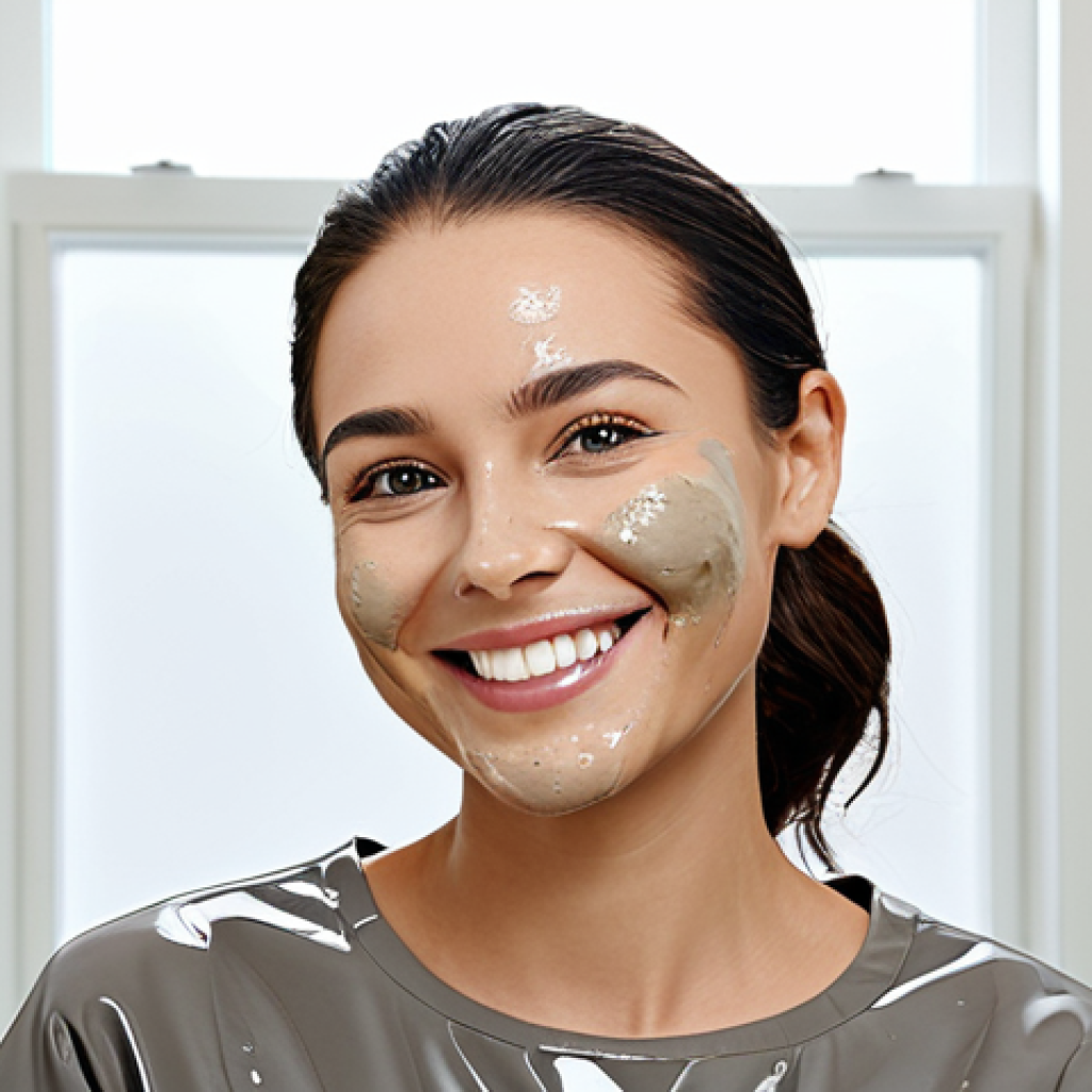 여드름 피부용 워시오프 팩 추천 - **Prompt:** "A woman with clear, healthy skin showcasing the results of using a mud wash-off pack. S...