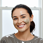 여드름 피부용 워시오프 팩 추천 - **Prompt:** "A woman with clear, healthy skin showcasing the results of using a mud wash-off pack. S...