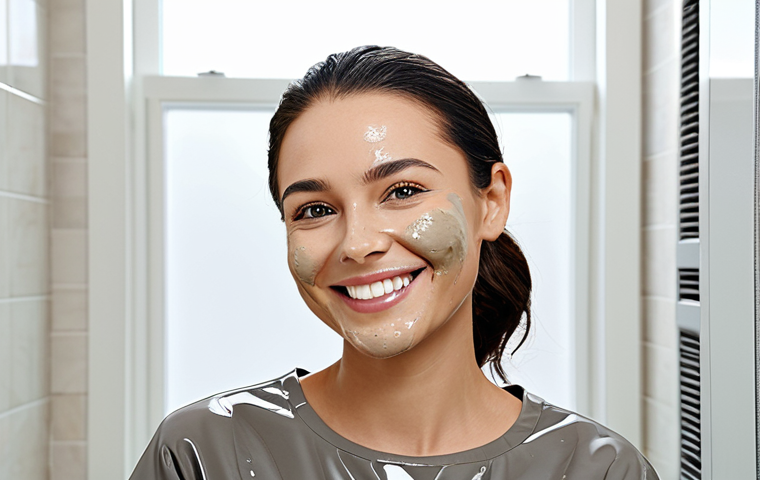 여드름 피부용 워시오프 팩 추천 - **Prompt:** "A woman with clear, healthy skin showcasing the results of using a mud wash-off pack. S...