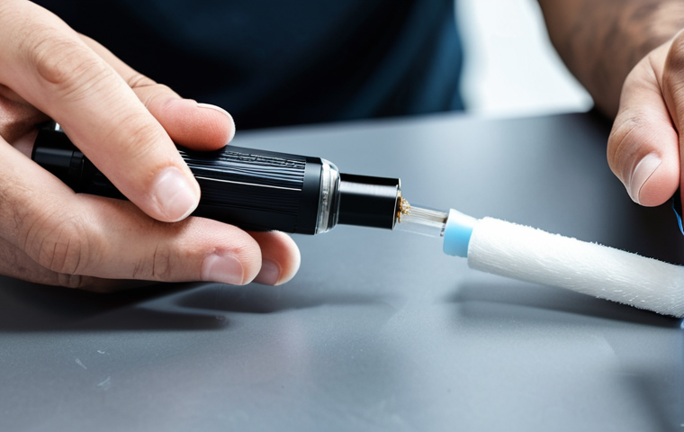 왁스 기기 세척 방법 - **

"A close-up shot of hands meticulously cleaning a disassembled vape pen with a cotton swab dippe...