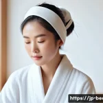 민감성 피부용 필오프 팩 추천 - A serene skincare scene featuring a Japanese woman with sensitive skin gently applying a soft, gel-t...