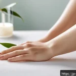 티트리 오일 왁스 스트립 추천 - A close-up image of a delicate hand holding a tea tree oil-infused wax strip, applied smoothly on th...