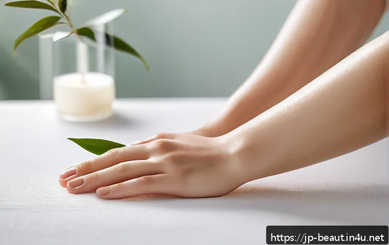 티트리 오일 왁스 스트립 추천 - A close-up image of a delicate hand holding a tea tree oil-infused wax strip, applied smoothly on th...