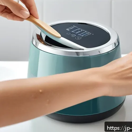 프로페셔널 왁스 히터 장단점 - A sleek, modern professional wax heater on a clean white countertop in a bright bathroom setting, fe...