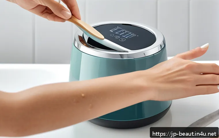 프로페셔널 왁스 히터 장단점 - A sleek, modern professional wax heater on a clean white countertop in a bright bathroom setting, fe...