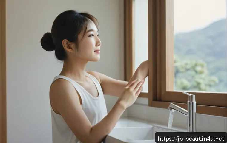 DIY 왁싱 시 주의사항 - A serene bathroom scene focusing on a young Japanese woman with smooth, moisturized skin checking he...