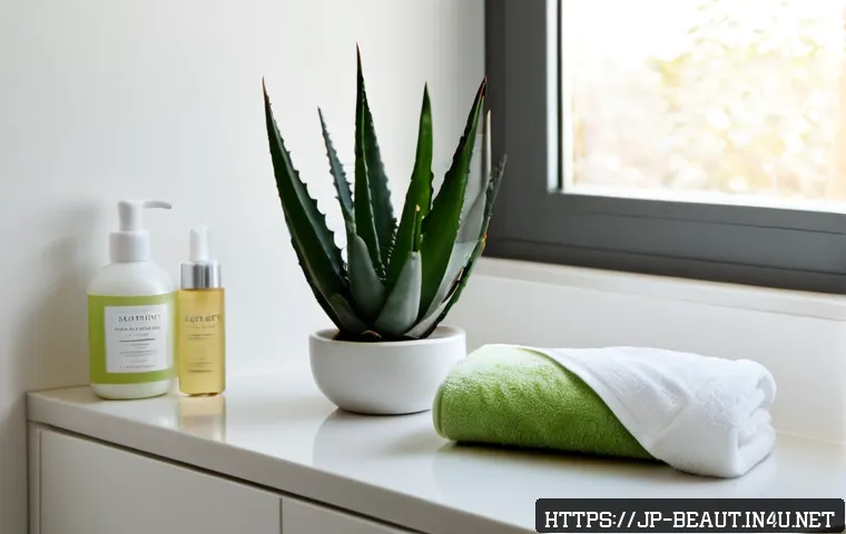 비키니라인 왁싱 후 관리 크림 추천 - Photorealistic close-up of a fragrance-free soothing cream tube beside a small aloe leaf and soft co...